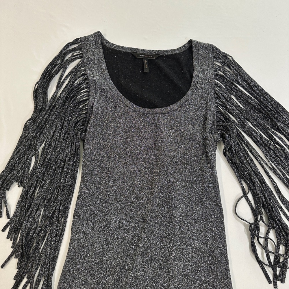 BCBGMAXAZRIA Womens M Metallic Knit Shoulder Fringe Mini Dress Silver NYE Glam